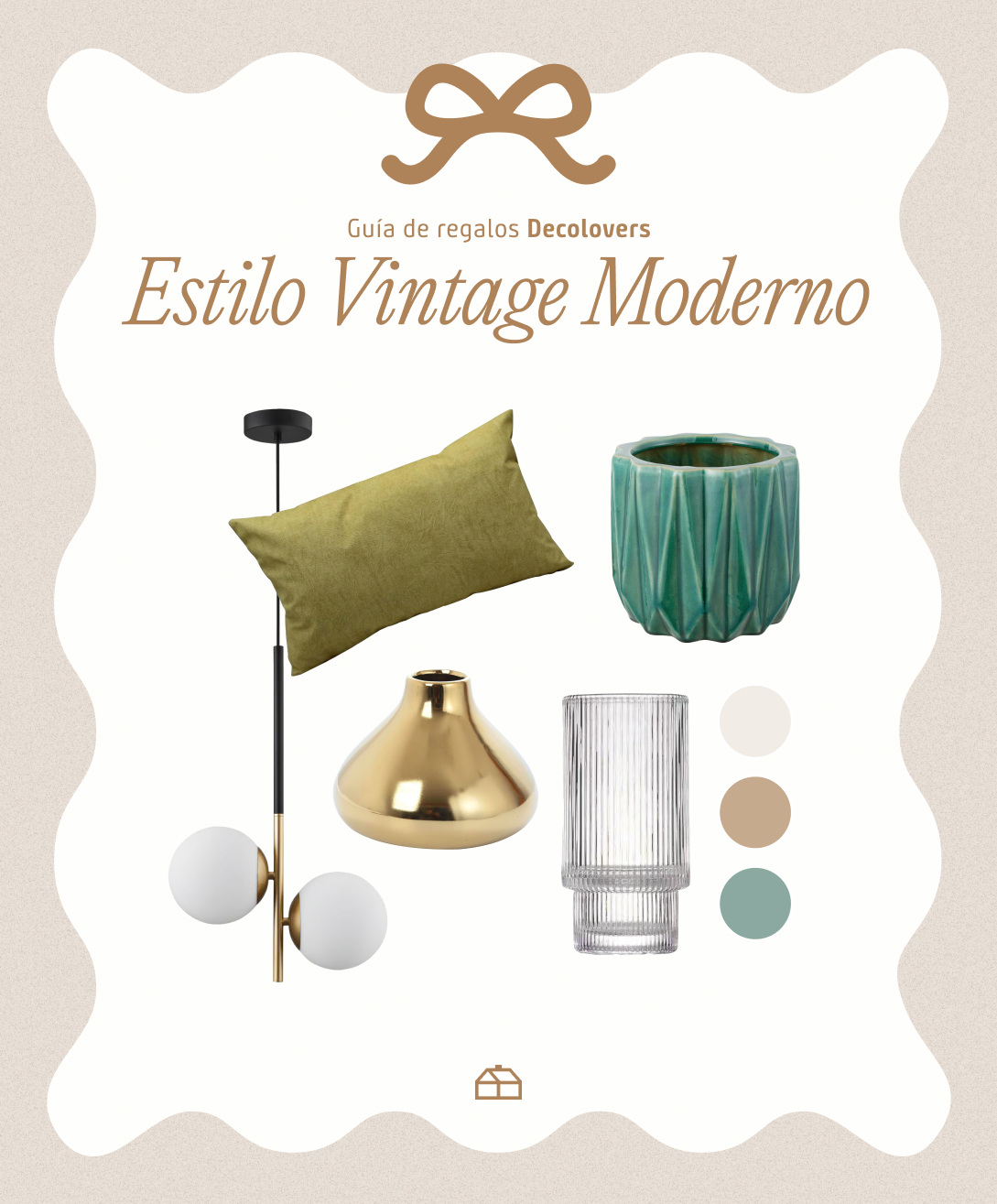 Moodboard Sodimac con regalos de estilo vintage moderno. Incluye lámpara de techo. florero, adorno dorado, macetero y cojín alargado.