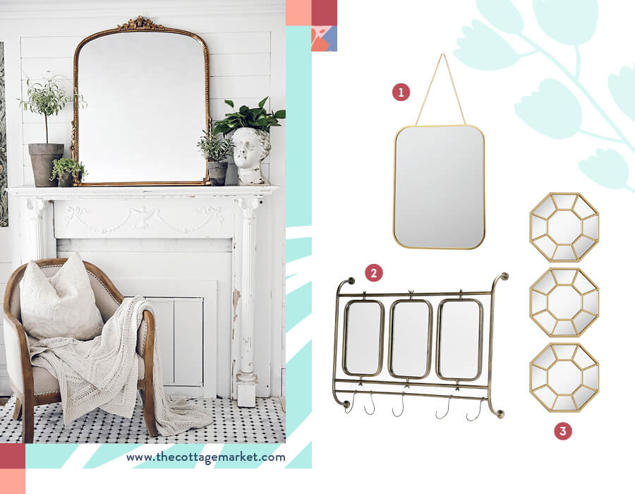 Una imagen divida en dos. En la de la izquierda, una ambientación para decorar tu casa donde predomina el color blanco, con un gran espejo de marco dorado que es el protagonista. En la imagen de la derecha, una selección de tres estilos de espejos con marcos dorados.