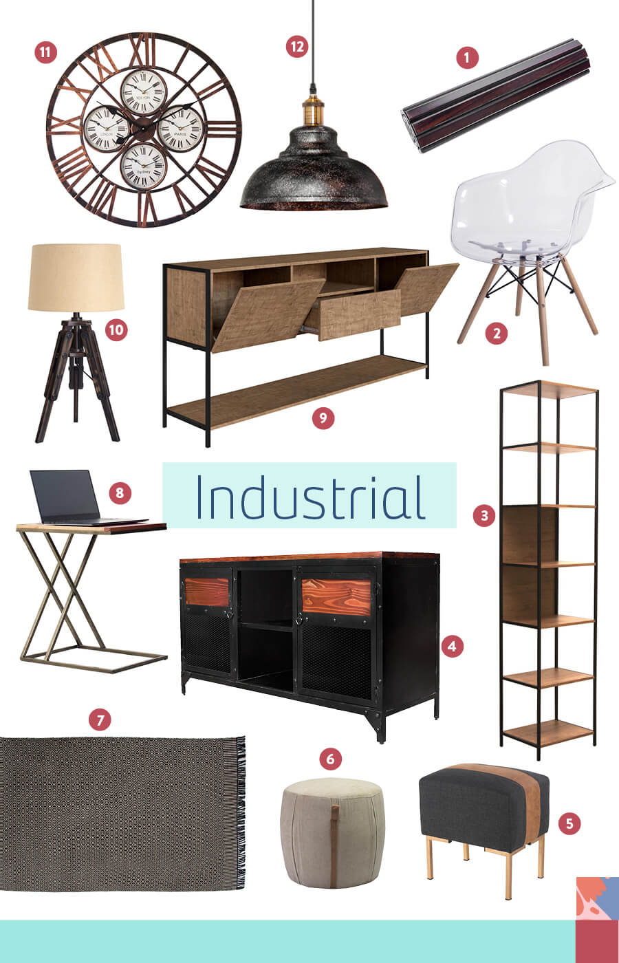 sillas de estilo industrial, repisas y mueble de estilo decorativo industrial.