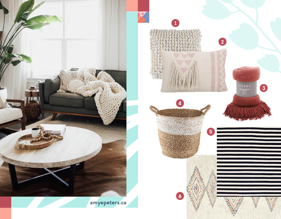 En la imagen se muestran ideas para decorar el living de una forma cálida y acogedora, como cojines en tonos crudos, alfombras y cestos hechos con fibras naturales. 