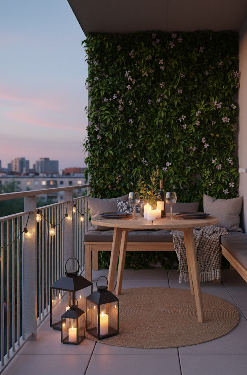 Balcón acogedor con mesa redonda, banqueta de madera, faroles con velas encendidas y guirnaldas de luz cálida sobre baranda metálica. En la pared del fondo hay un muro verde cubierto por passifloras.