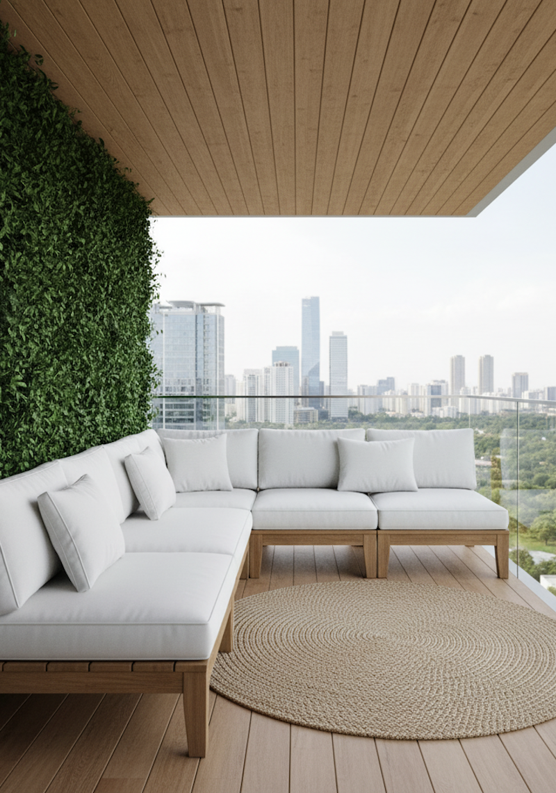 Balcón moderno con living exterior en tonos claros, muro verde frondoso cubierto por una planta hiedra y vista panorámica hacia la ciudad.