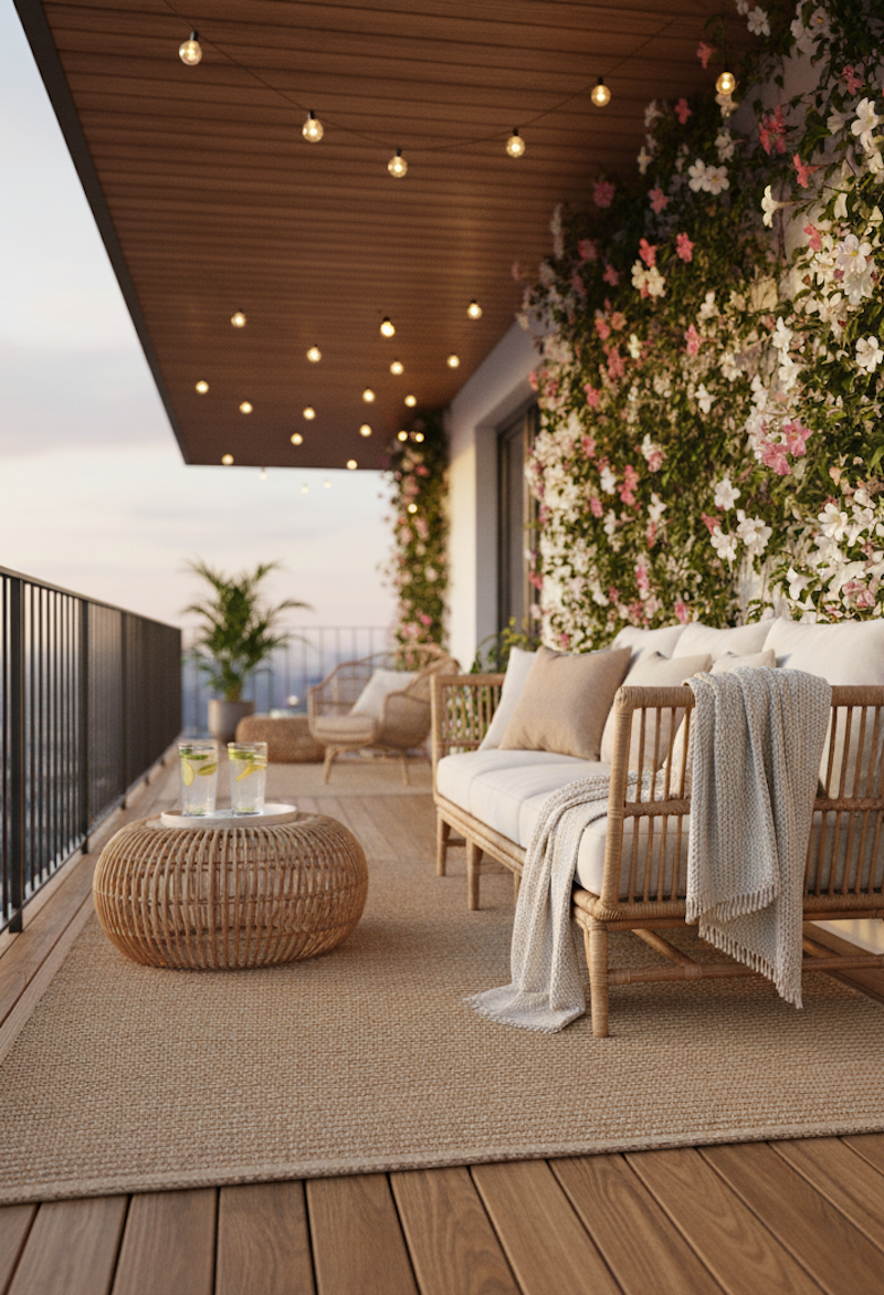 Terraza cálida con sofá de fibras naturales, cojines neutros, mesa tejida de mimbre y guirnalda de luces colgantes bajo techo de madera. En el muro hay una plata trepadora de tipo mandevilla.
