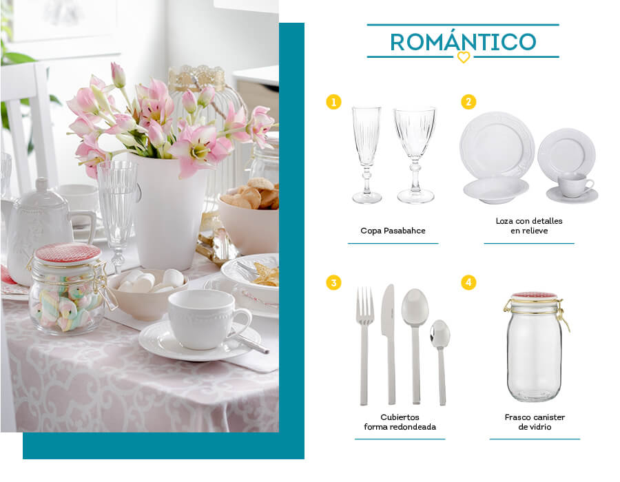 Se muestra menaje con estilo romántico: copas de cristal, loza con detalles en relieve, cubiertos de mesa redondeados y un frasco canister de vidrio