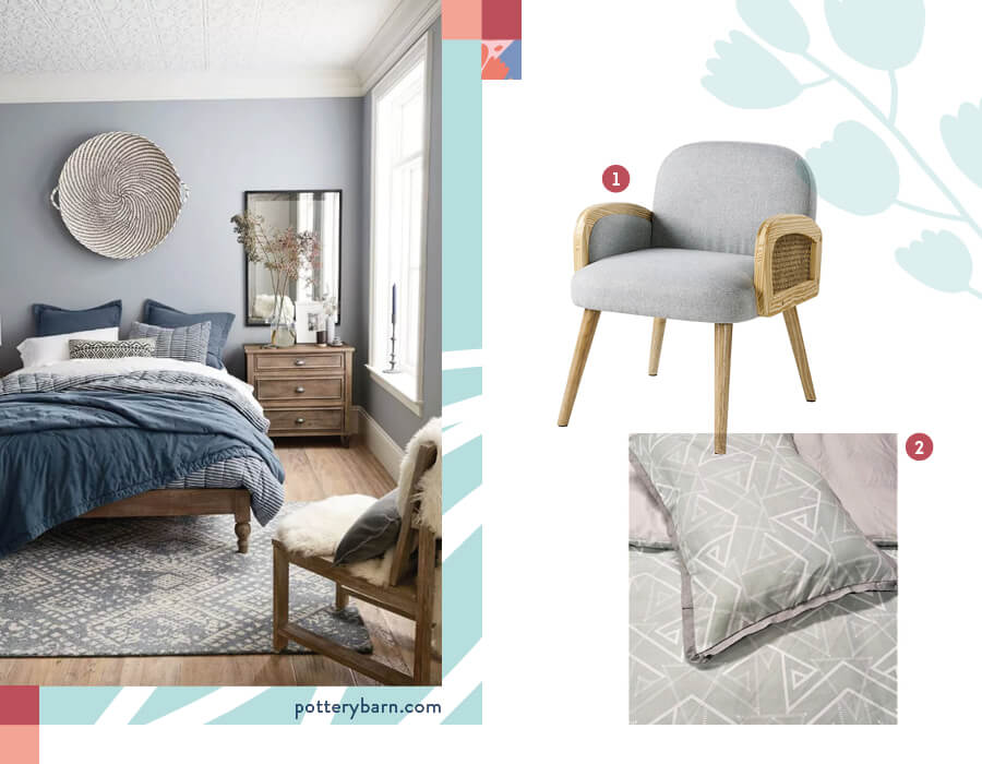 Dormitorio con cubrecama estampado con poltrona boho, en tonos grises y azules