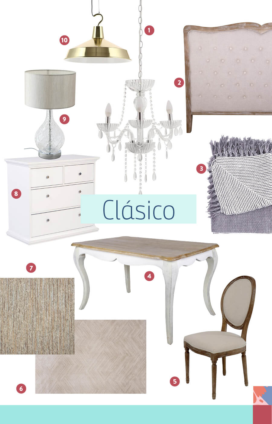 Selección de artículos para crear una decoración clásica, como lámparas, muebles y alfombras