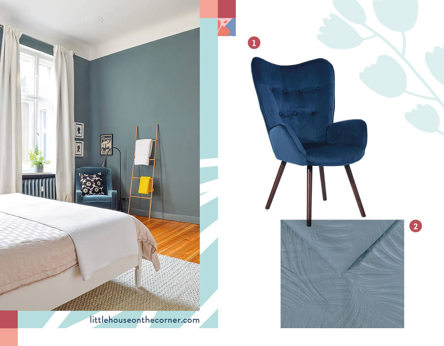 dormitorio con cama y cubrecama con texturas y una poltrona de terciopelo azul