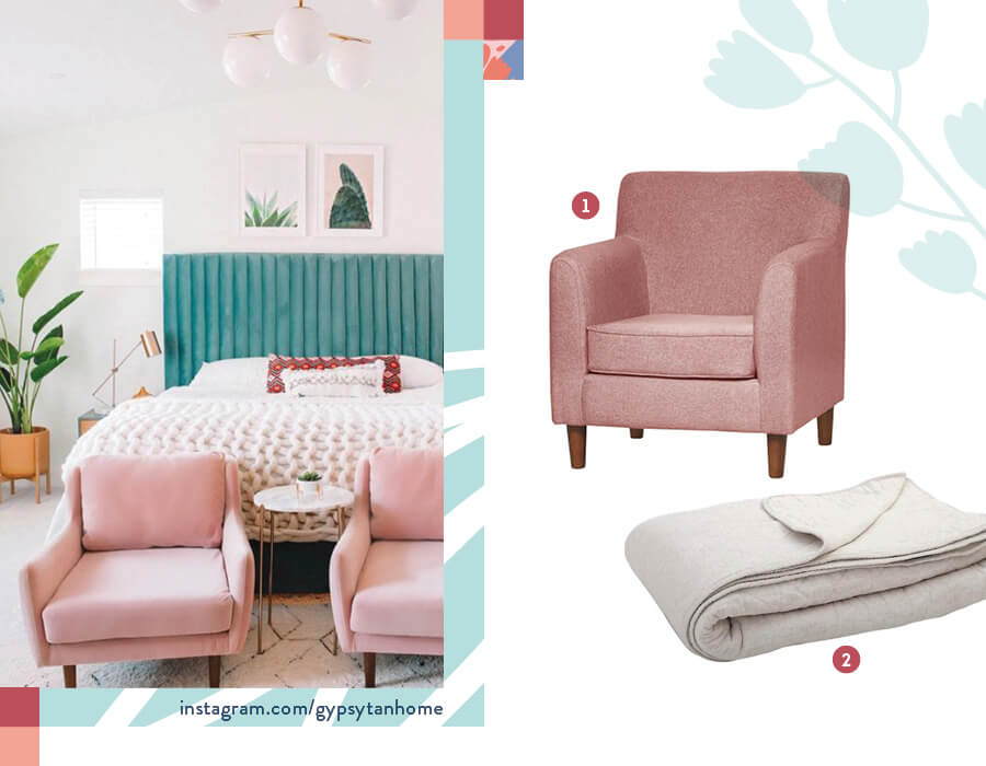 look de dormitorio moderno con poltronas rosadas y tonos verdes, con un cubrecama de punto look boho