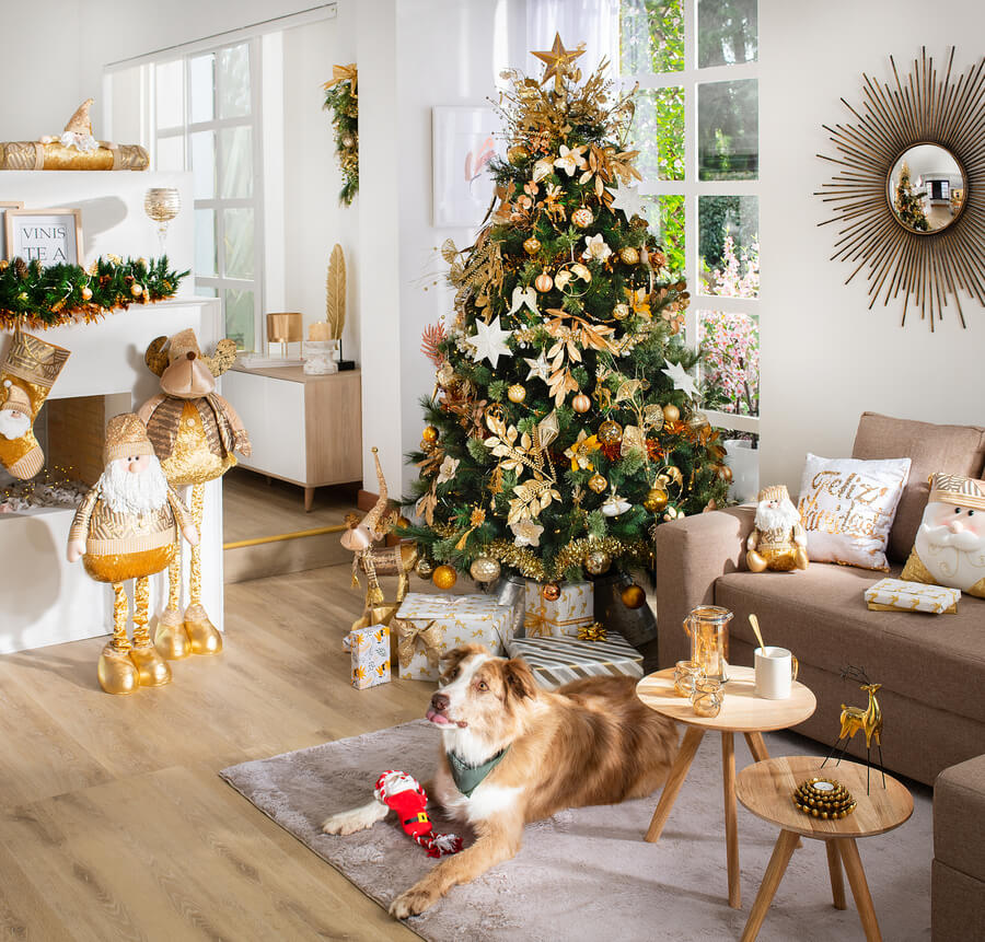 Árbol de navidad en un living. Tiene adornos dorados y varios regalos envueltos en papel blanco con dorado. Está junto a un sillón café con cojines navideños. Frente al árbol hay un perro acostado de color blanco y café, sobre una alfombra gris