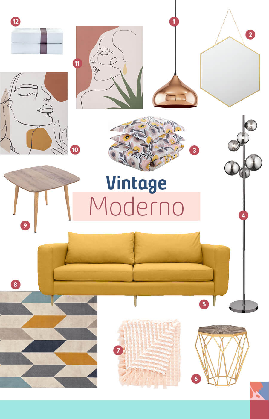 cuadros, lámparas, cojines, sillón y silla para lograr una decoración vintage o estilo vintage moderno