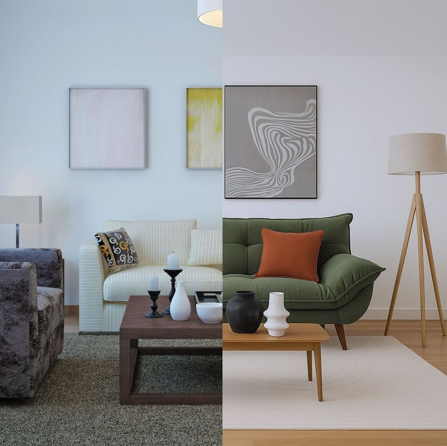 Imagen dividida de un living que muestra el antes y después de una renovación. A la izquierda hay un living con muebles pesados y poco equilibrado. Al lado derecho hay un living que se ve más grande y luminoso, con muebles de madera clara y estilo natural.