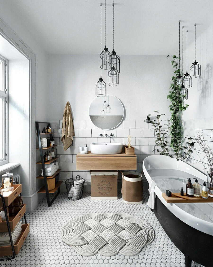 Un baño moderno de colores claros y oscuros con diferentes artículos para lograr una linda decoración de baño