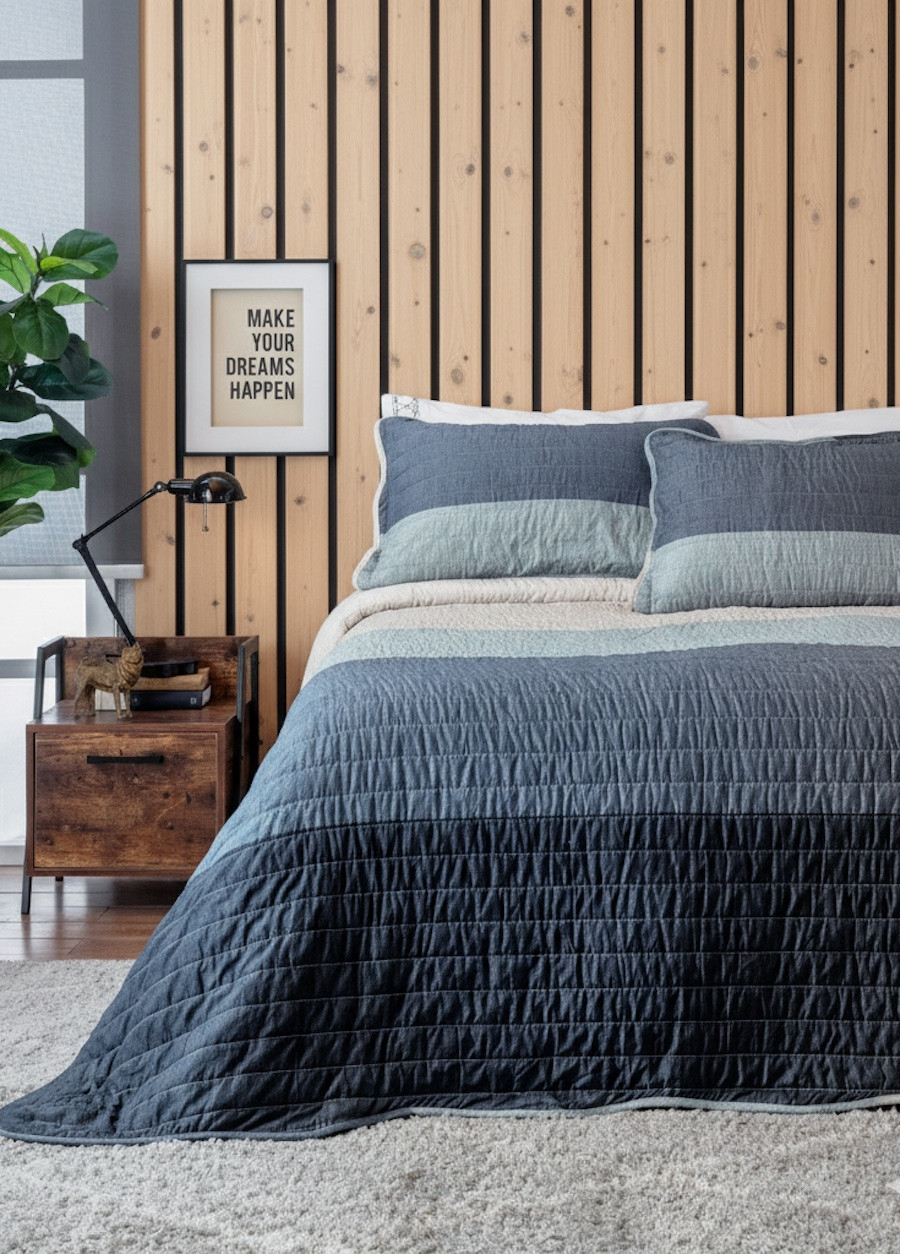 Dormitorio con paneles de madera natural, cama con cubrecama de bloques azulados y lámpara negra sobre un velador de estilo industrial.